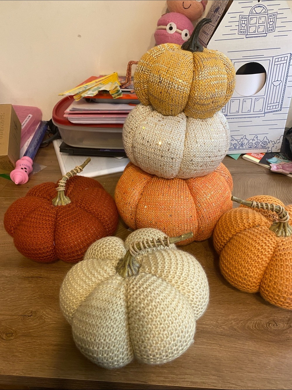Kirklands Knit Decorative Pumpkins in Cream, Orange, Rust, Yellow